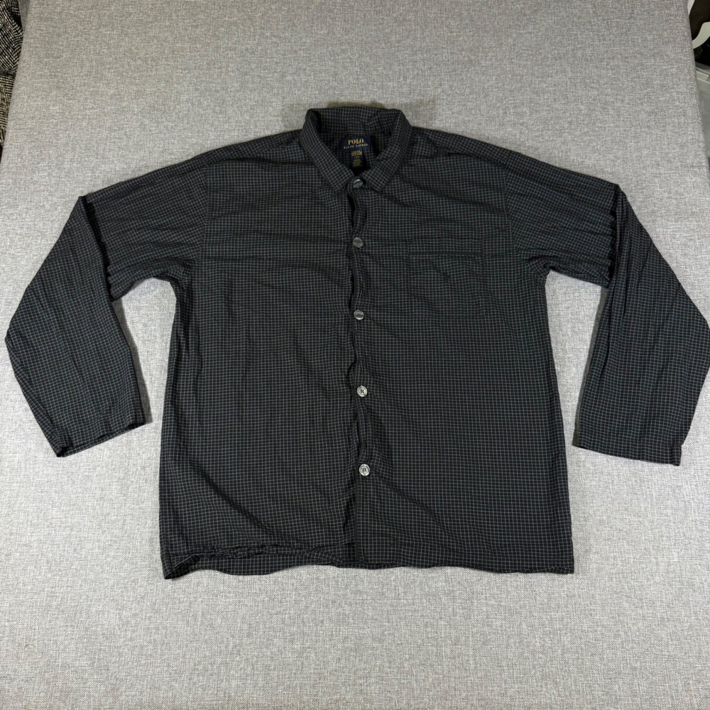 Polo Ralph Lauren Sleepwear Top Mens Large Black Plaid Grid Cotton Button Up PJ